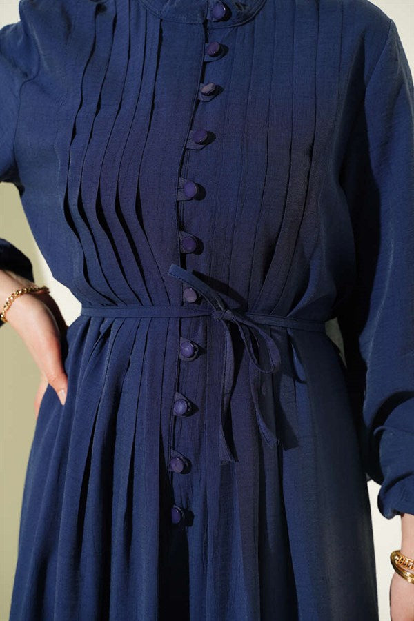 Front Ribbed British Button Dress Navy Blue