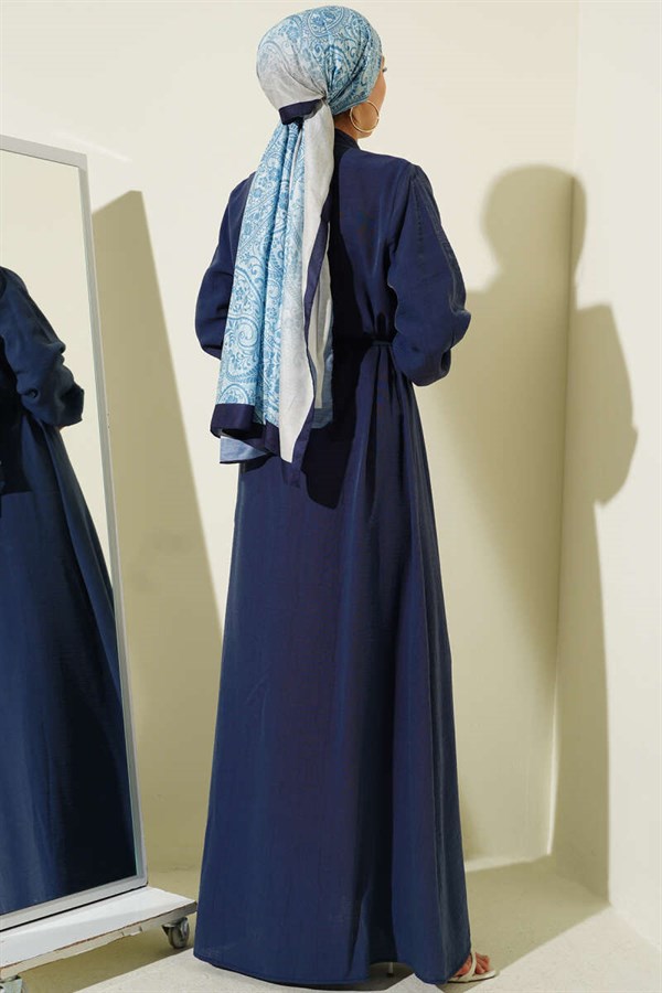 Front Ribbed British Button Dress Navy Blue