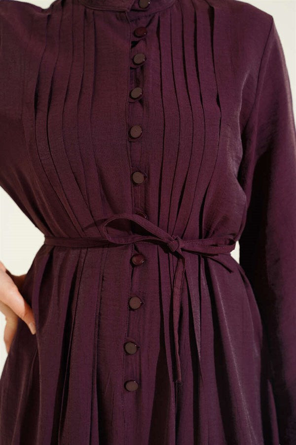 Front Ribbed British Button Dress, Plum