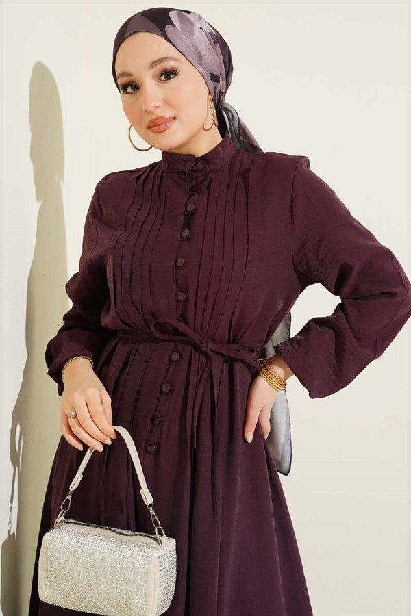 Front Ribbed British Button Dress, Plum