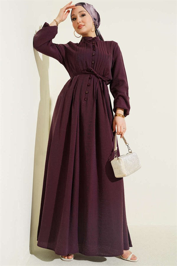 Front Ribbed British Button Dress, Plum