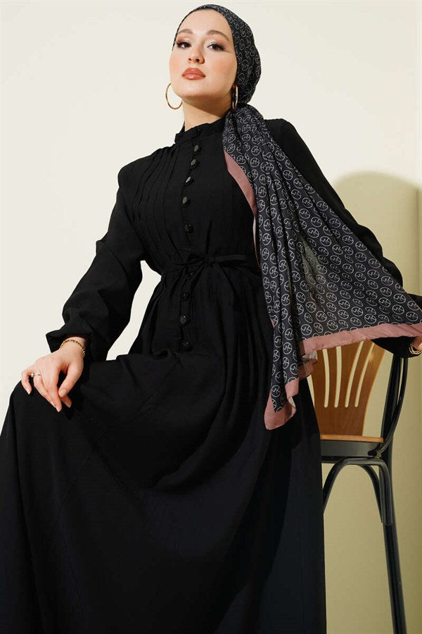 Black British Buttoned Dress with Ribbed Front