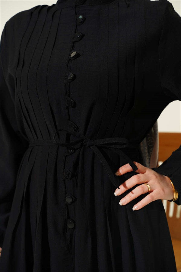 Black British Buttoned Dress with Ribbed Front
