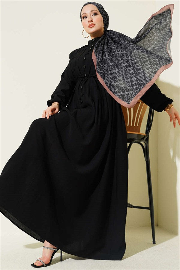 Black British Buttoned Dress with Ribbed Front