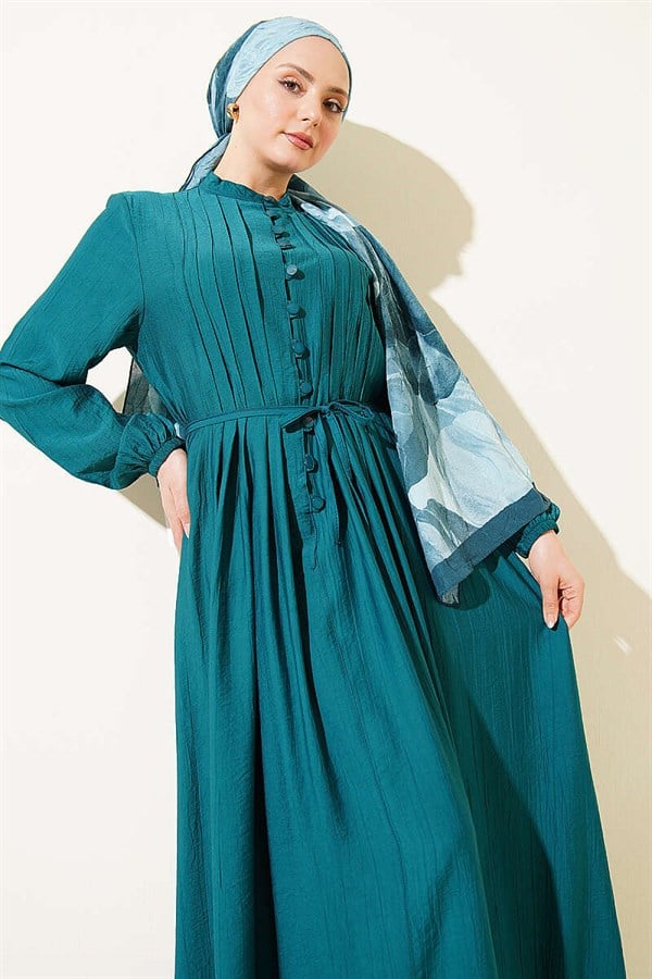 Ribbed Front British Button Dress Emerald