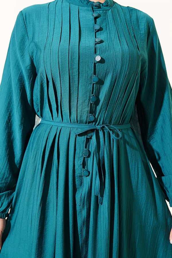 Ribbed Front British Button Dress Emerald