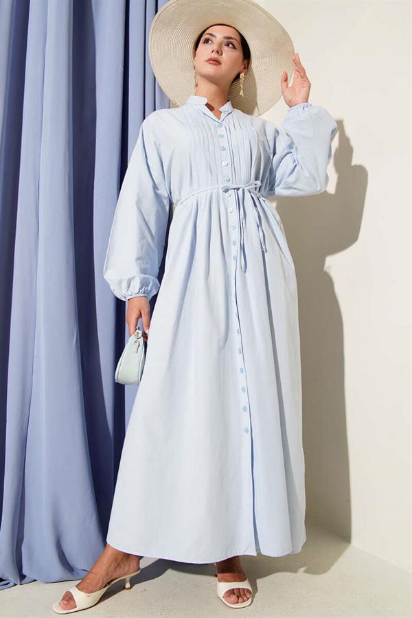 Baby Blue Ribbed Front Belted Dress