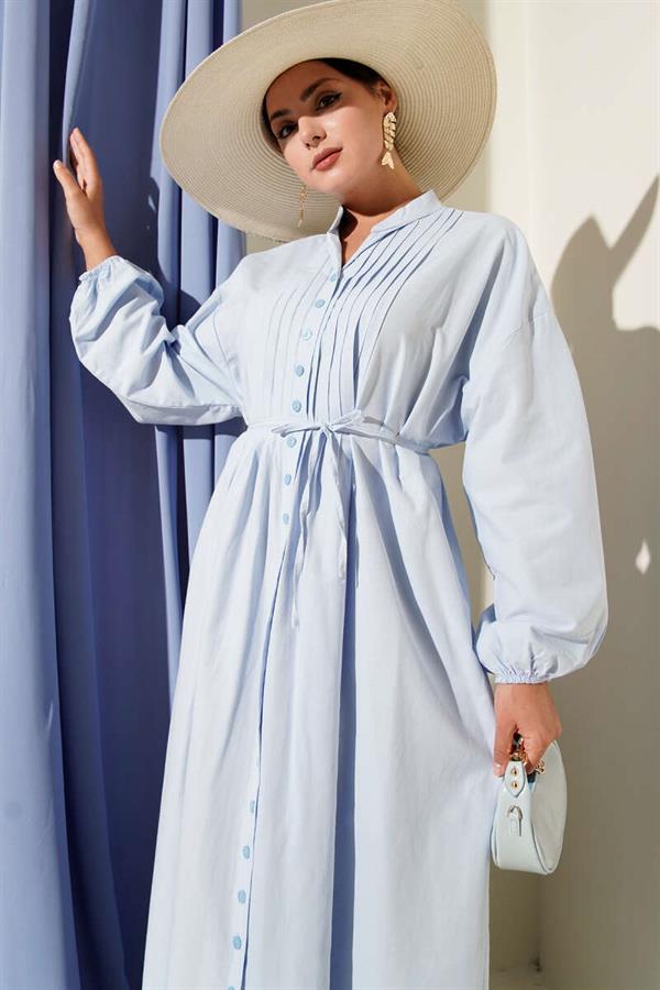 Baby Blue Ribbed Front Belted Dress