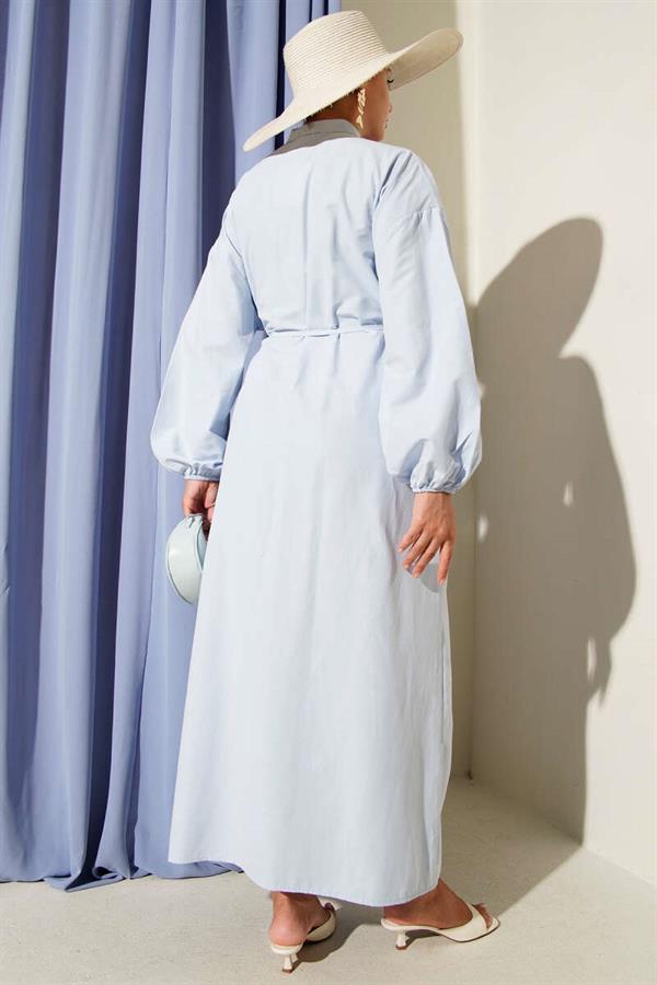 Baby Blue Ribbed Front Belted Dress