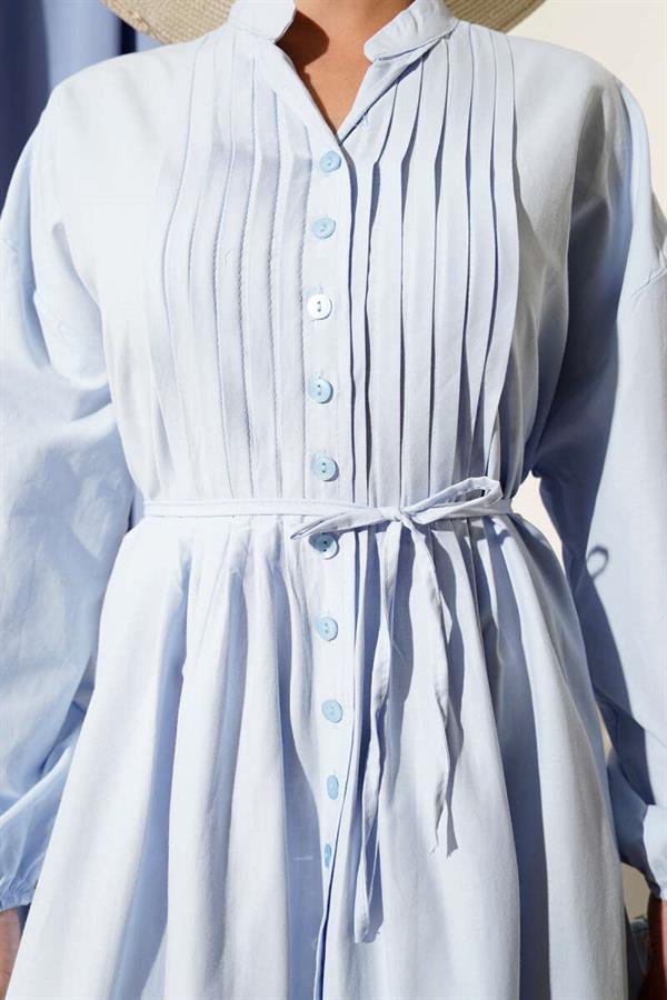 Baby Blue Ribbed Front Belted Dress