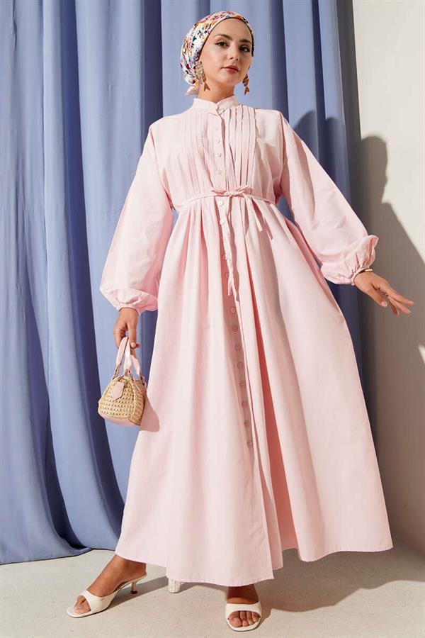 Pink Ribbed Front Belted Dress