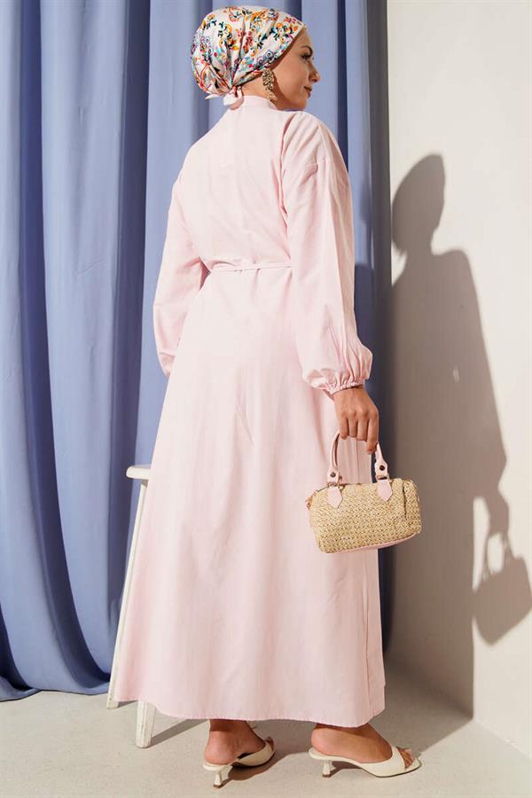 Pink Ribbed Front Belted Dress