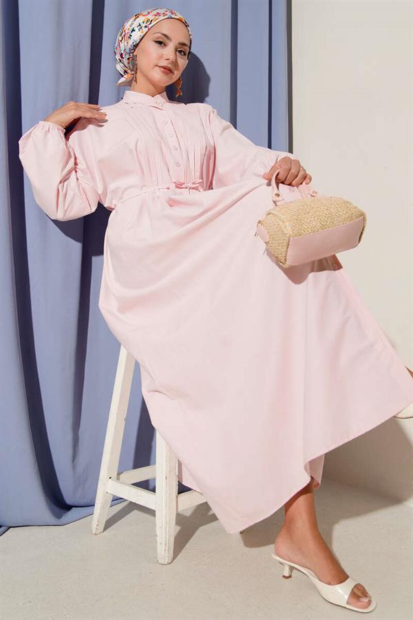 Pink Ribbed Front Belted Dress