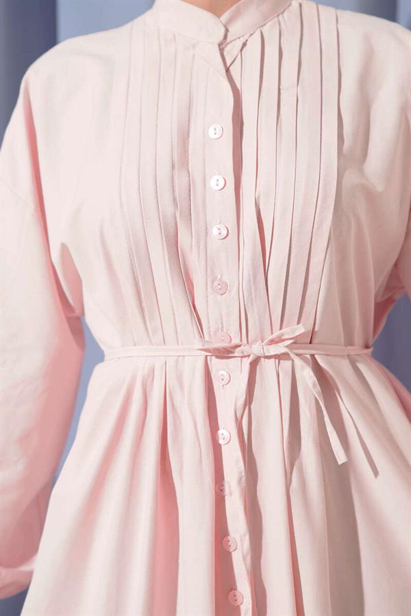 Pink Ribbed Front Belted Dress