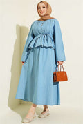 2 Piece Set with Ribbed Front Denim Skirt, Light Blue