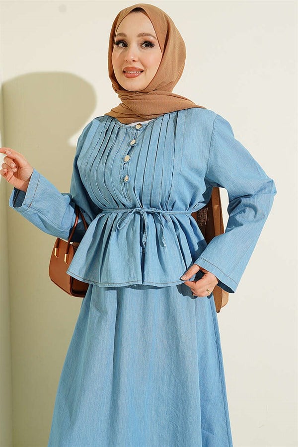 2 Piece Set with Ribbed Front Denim Skirt, Light Blue