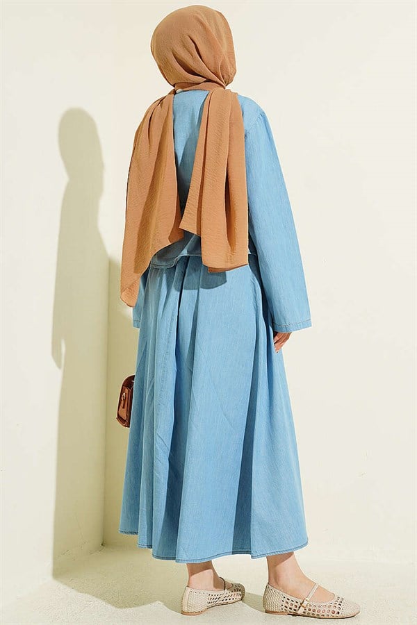 2 Piece Set with Ribbed Front Denim Skirt, Light Blue