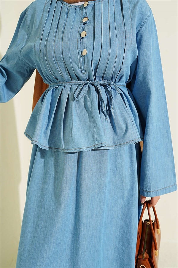 2 Piece Set with Ribbed Front Denim Skirt, Light Blue
