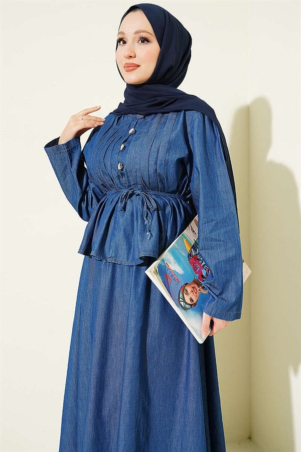 2 Piece Set with Ribbed Front Denim Skirt, Blue