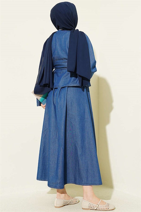 2 Piece Set with Ribbed Front Denim Skirt, Blue