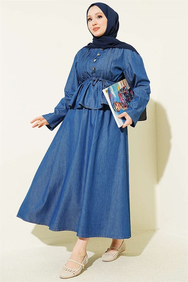 2 Piece Set with Ribbed Front Denim Skirt, Blue