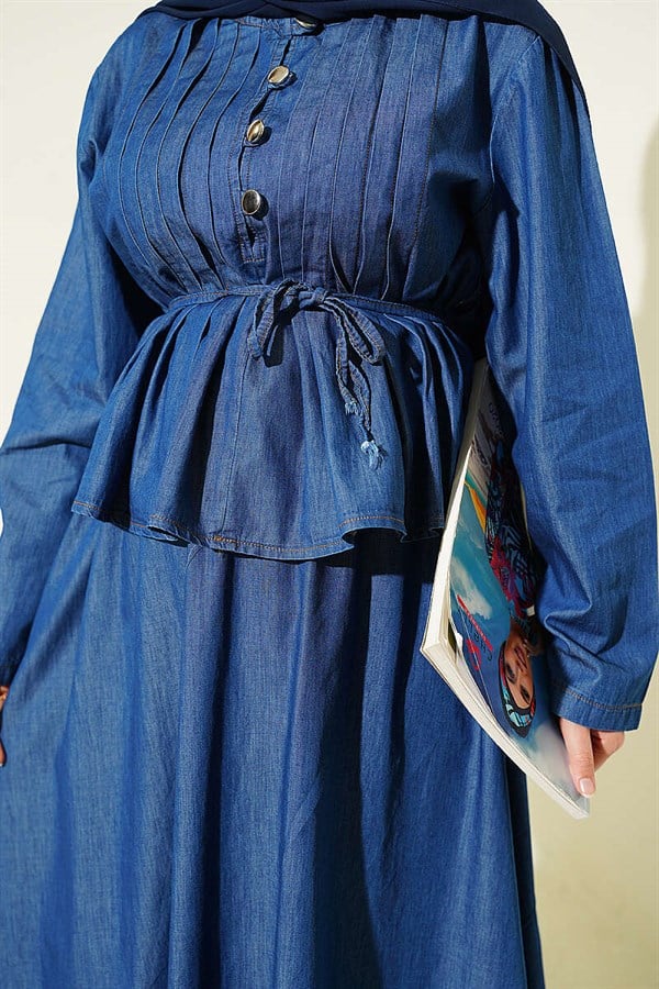 2 Piece Set with Ribbed Front Denim Skirt, Blue