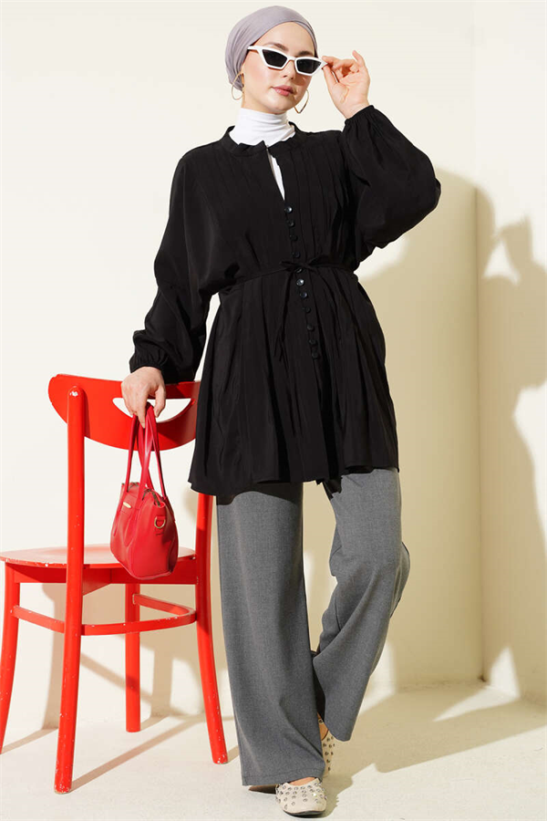 Loose-fitting Tencel Shirt with Ribbed Front, Black