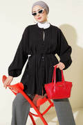 Loose-fitting Tencel Shirt with Ribbed Front, Black