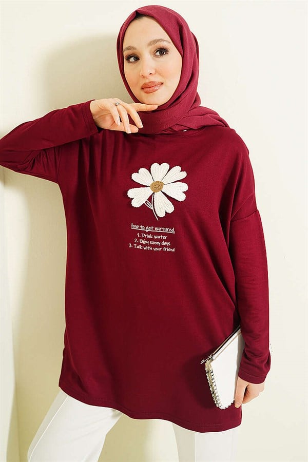 Burgundy Tunic with Daisy Emblem on Front
