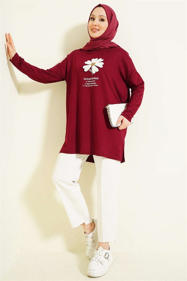 Burgundy Tunic with Daisy Emblem on Front