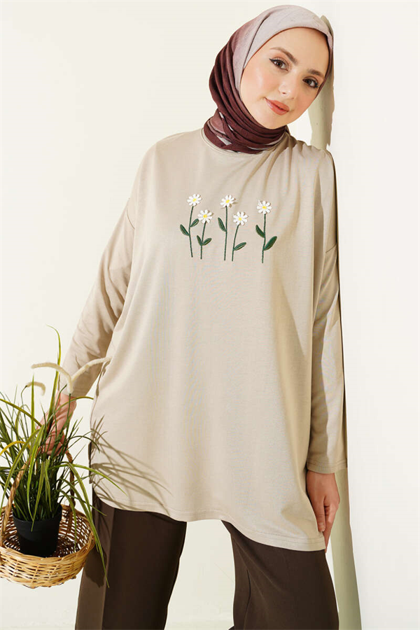 Beige Tunic with Daisy Embroidery on the Front