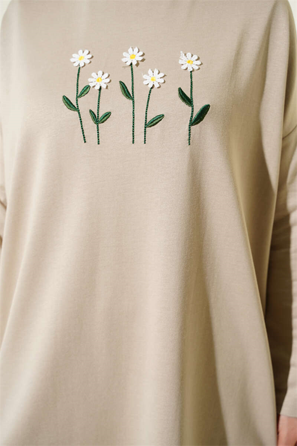 Beige Tunic with Daisy Embroidery on the Front