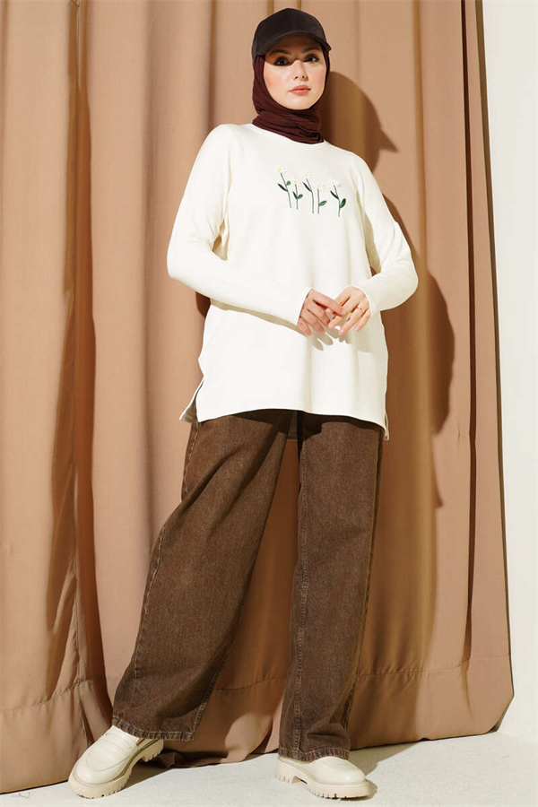 Tunic with Daisy Embroidery on the Front, Ecru