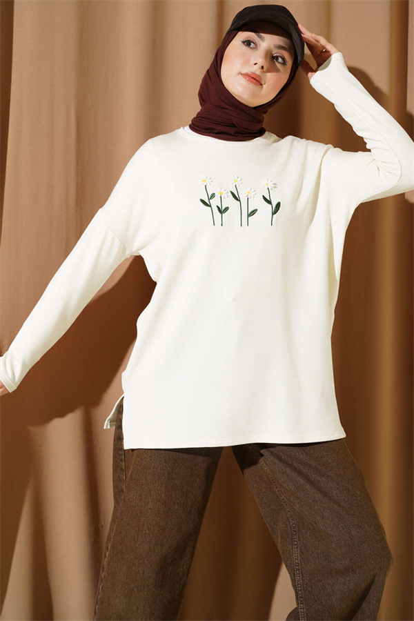 Tunic with Daisy Embroidery on the Front, Ecru
