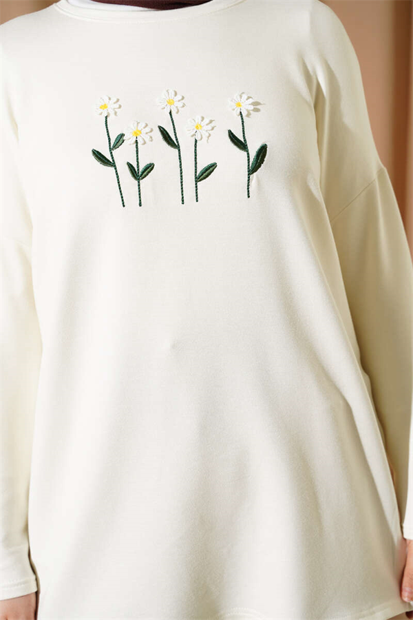 Tunic with Daisy Embroidery on the Front, Ecru