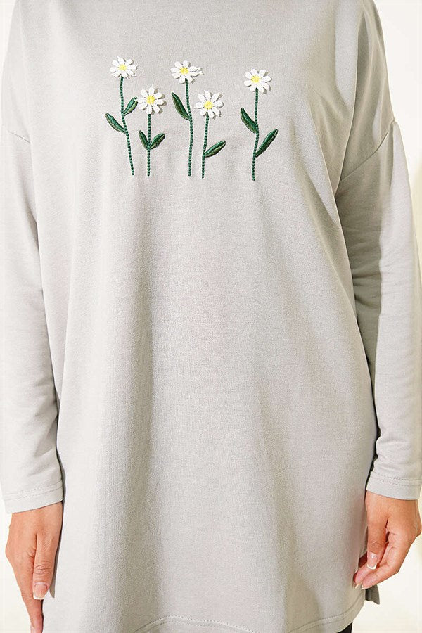 Gray Tunic with Daisy Embroidery on the Front