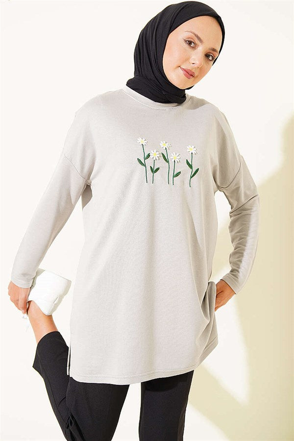 Gray Tunic with Daisy Embroidery on the Front
