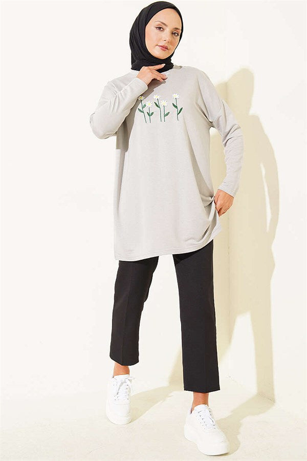 Gray Tunic with Daisy Embroidery on the Front