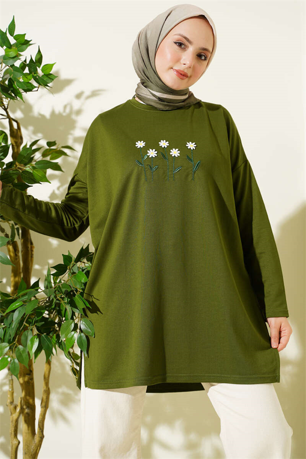 Khaki Tunic with Daisy Embroidery on the Front