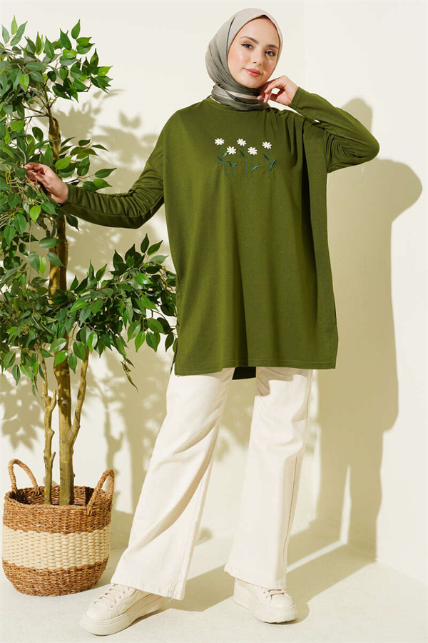Khaki Tunic with Daisy Embroidery on the Front