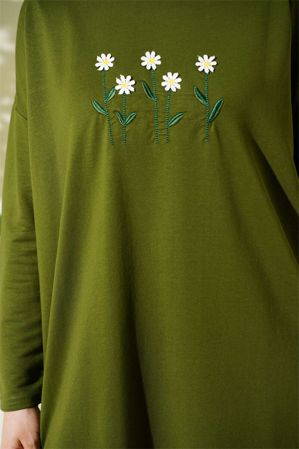 Khaki Tunic with Daisy Embroidery on the Front