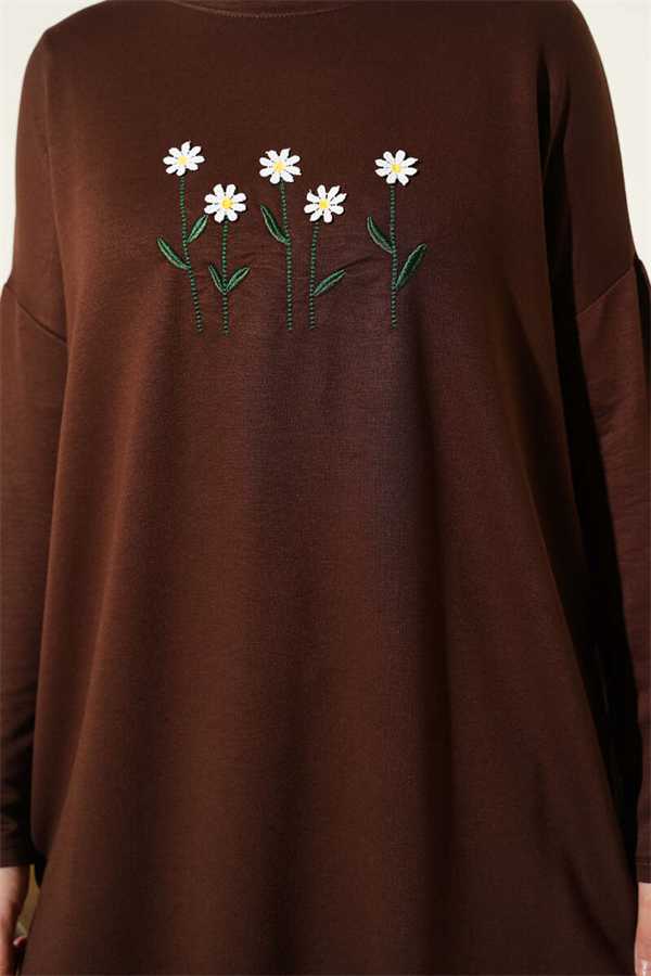 Brown Tunic with Daisy Embroidery on the Front