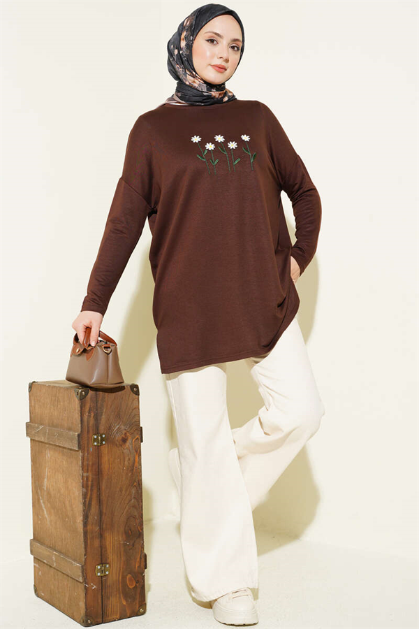Brown Tunic with Daisy Embroidery on the Front