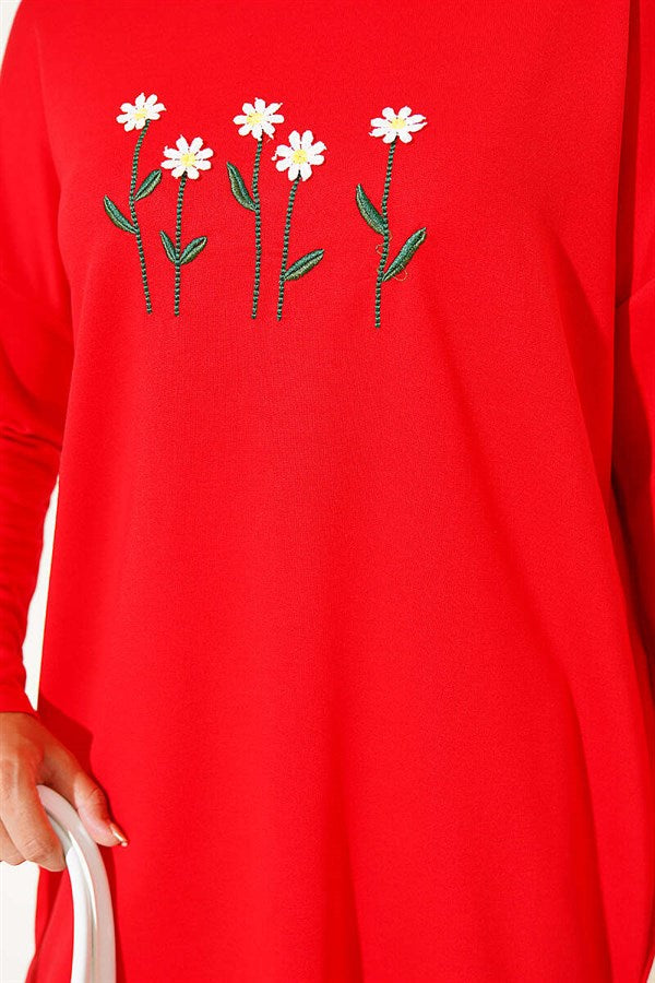 Red Tunic with Daisy Embroidery on the Front