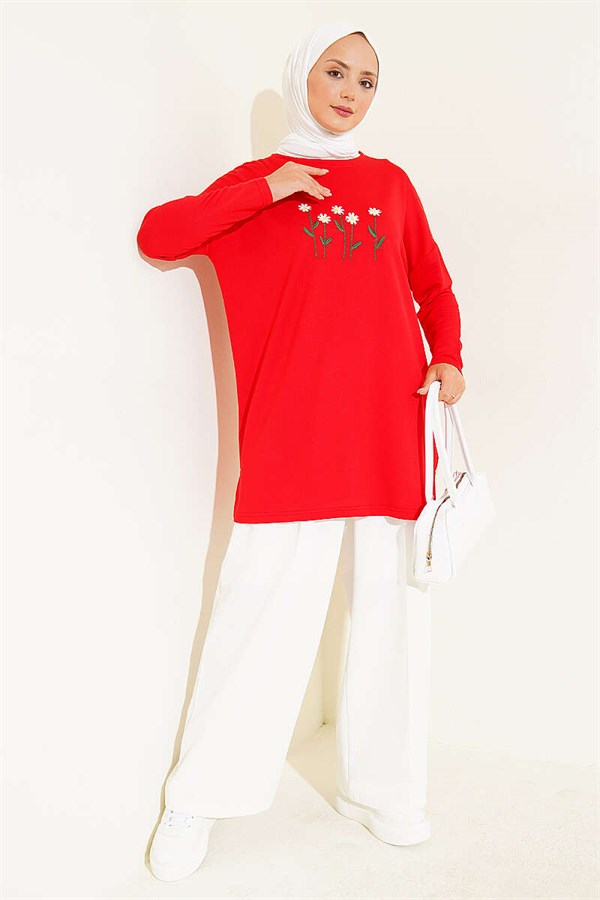 Red Tunic with Daisy Embroidery on the Front