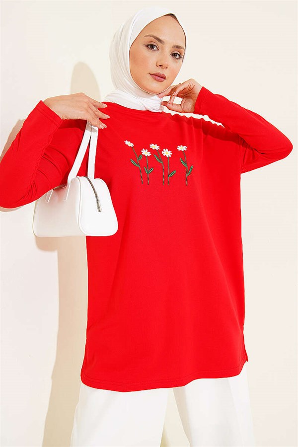 Red Tunic with Daisy Embroidery on the Front