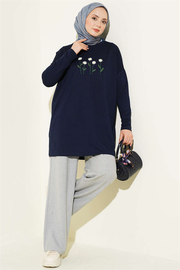 Navy Blue Tunic with Daisy Embroidery on the Front