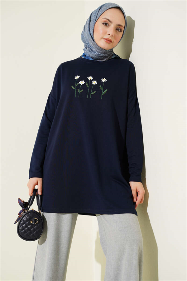 Navy Blue Tunic with Daisy Embroidery on the Front