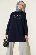 Navy Blue Tunic with Daisy Embroidery on the Front