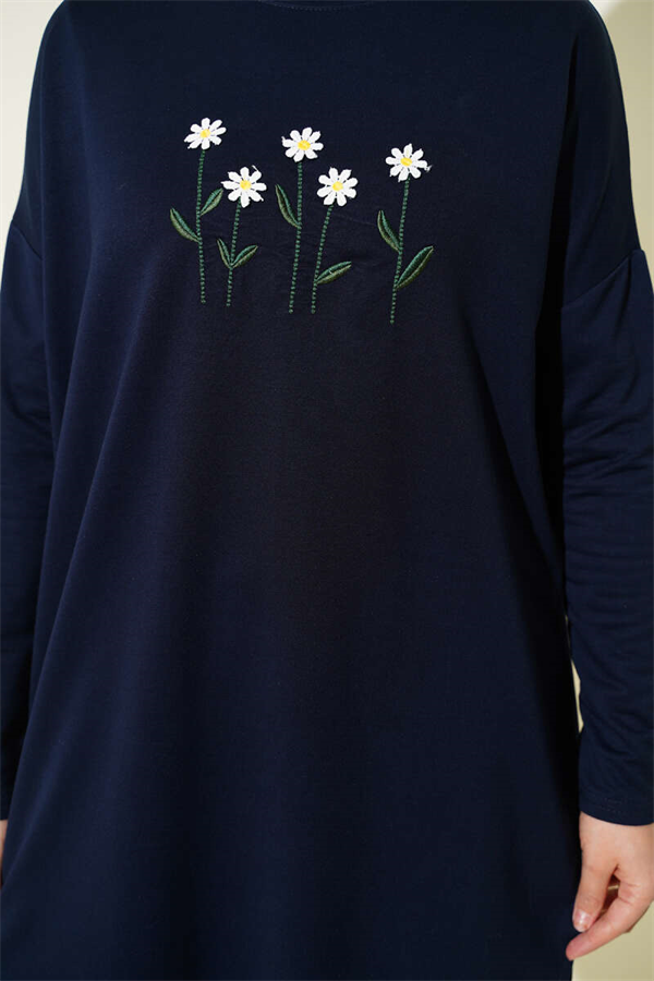 Navy Blue Tunic with Daisy Embroidery on the Front